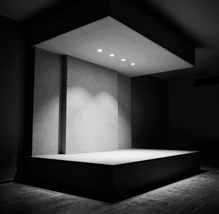 Low-angle architectural lines of a modern press room, empty podium under sharp spotlighting, high-contrast chiaroscuro, deep charcoal tones.