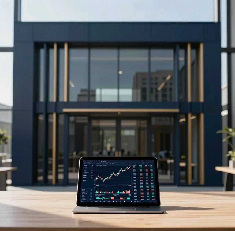 Modern, sunlit workspace with a digital tablet displaying financial data, sharp focus, architectural symmetry, deep navy and subtle gold tones, 35mm, professional editorial photography, image bleeding to the right edge.