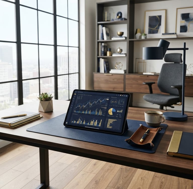 Modern, sunlit workspace with a digital tablet displaying financial reports, architectural lines, deep navy and subtle gold tones, sharp focus, 35mm