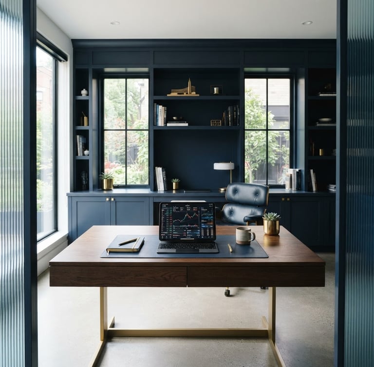 Wide editorial shot of a modern, sunlit workspace with clean lines and architectural symmetry, a digital tablet displaying financial data on a desk, subtle gold accents, bright natural daylight, deep navy tones, sharp focus, 35mm.