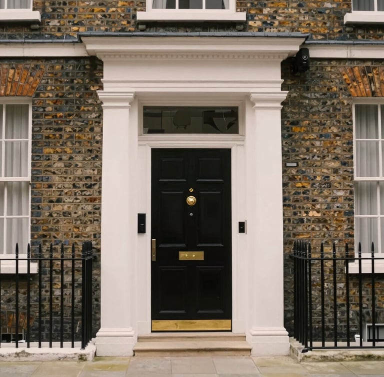 Straight-on architectural shot of a classic London brick townhouse entrance, elegant black painted door with brass fixtures, soft overcast British daylight