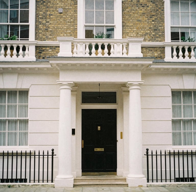 A straight-on architectural shot of a classic Chelsea townhouse with white stucco pillars under soft overcast London daylight, 35mm lens