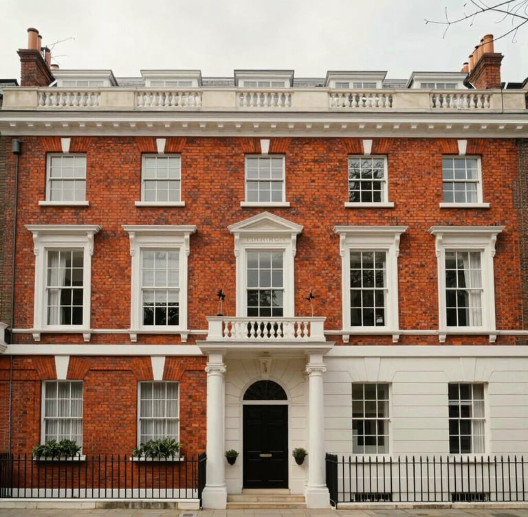Straight-on architectural view of a classic red brick townhouse in Kensington, soft overcast London daylight, desaturated heritage tones, premium editorial aesthetic