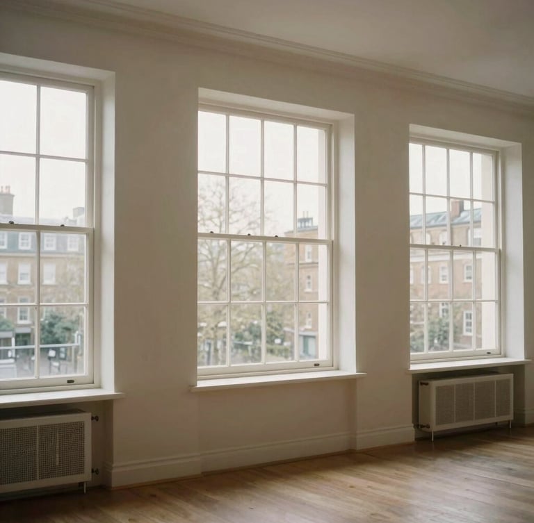 Bright lateral flat interior with natural light streaming through large sash windows, minimalist heritage styling, desaturated tones
