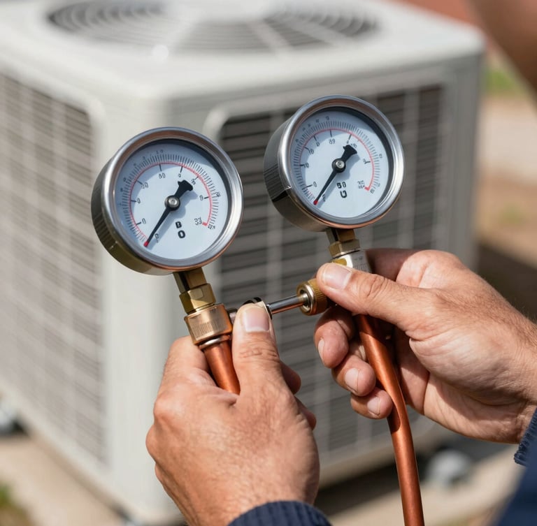 Close-up of a technician's hands holding manifold gauges connected to copper lines, crisp cool utility light, sharp focus, 35mm lens, AC unit components blurred in background.