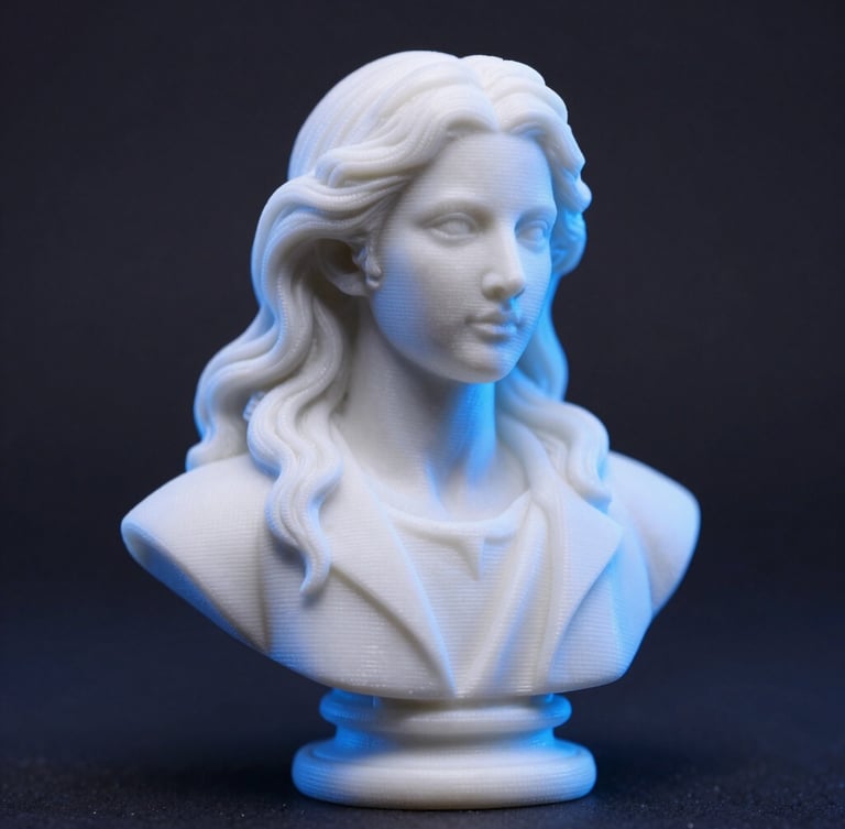 Macro photography of a highly detailed 3D printed collectible bust, flawless surface finish, no stringing, cool blue rim light, dark background