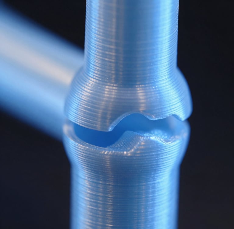 Macro extreme close-up of a 3D printed joint fitting perfectly, showing clean layer lines of PLA+, cool blue studio lighting, dark background