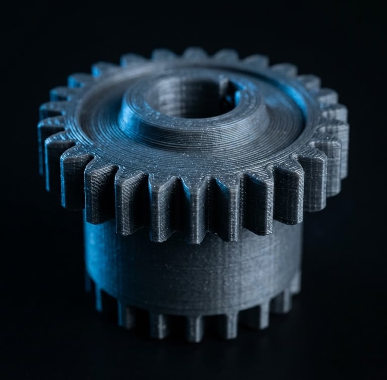 Macro shot of a 3D printed mechanical gear with flawless layer lines, cool blue rim lighting, dark background, sharp studio product photography