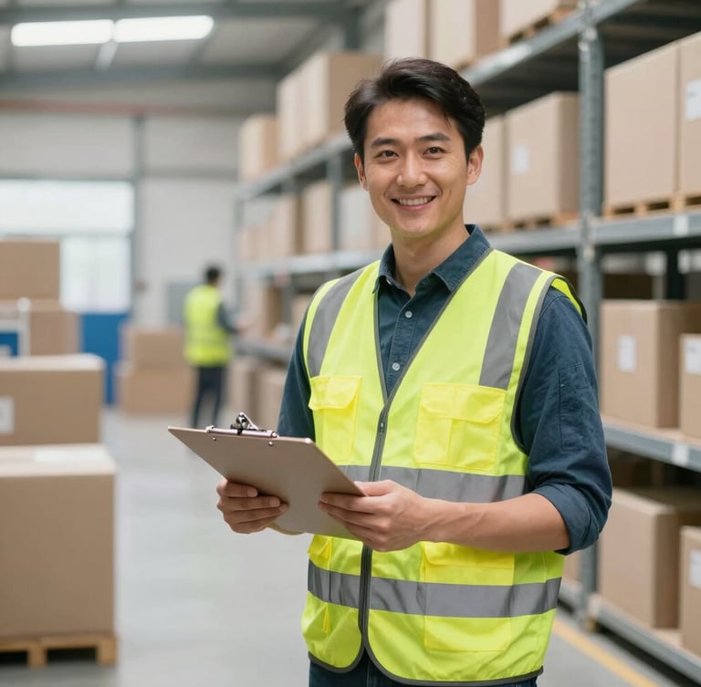 A professional operational manager in a safety vest holding a clipboard, standing in a bright, organized logistics hub, 35mm lens
