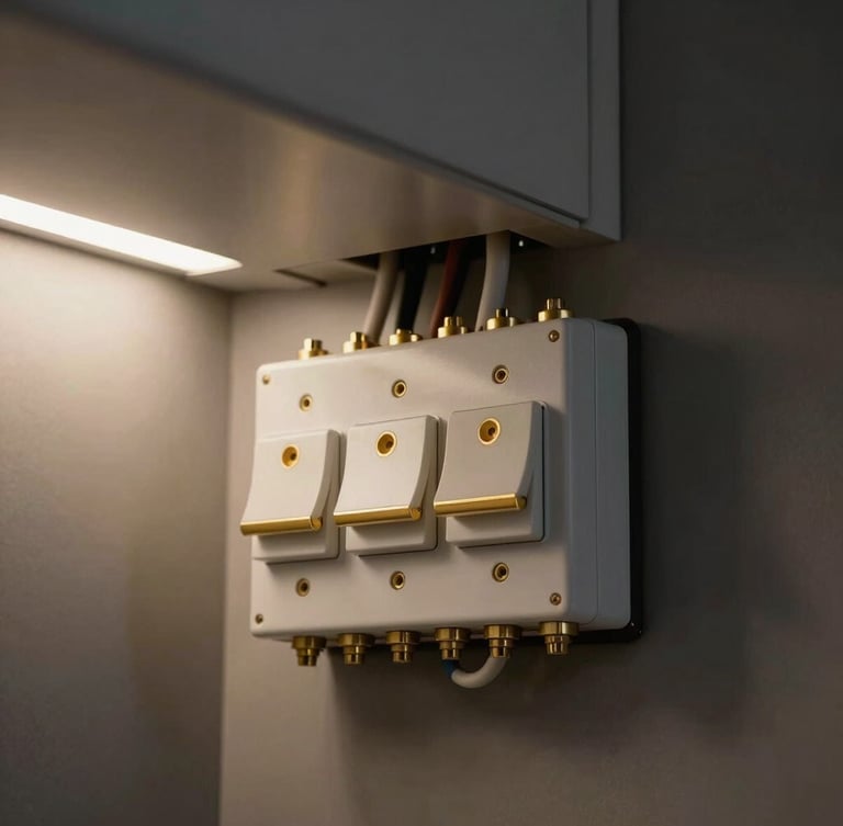 Close-up of a modern, neatly wired domestic consumer unit with gold-plated switches, clean architectural lighting, sharp focus.