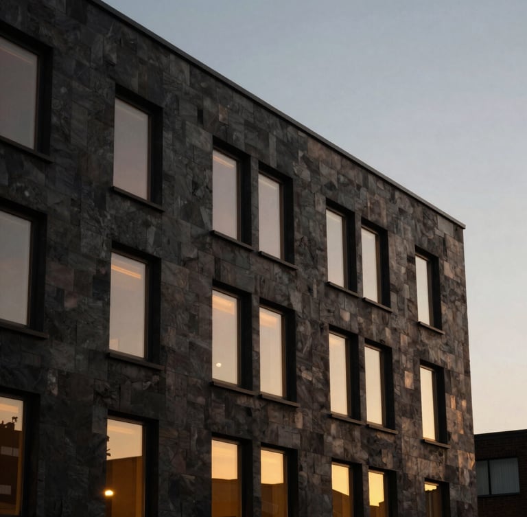 Low-key moody architectural shot of a modern building exterior in Somerset at dusk, warm golden light spilling from windows, sharp focus