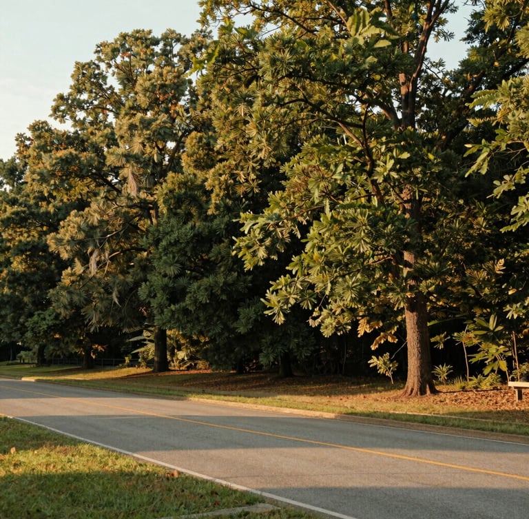 Wide environmental shot of mature trees and a quiet paved road in Concord, New Hampshire, soft morning daylight, warm documentary style