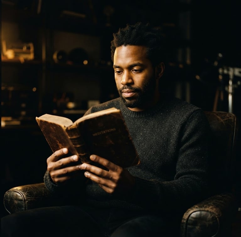 Low-key editorial photo of Preston Brown holding a leather-bound book in a dimly lit studio, warm golden spotlighting, deep shadows, 35mm film grain