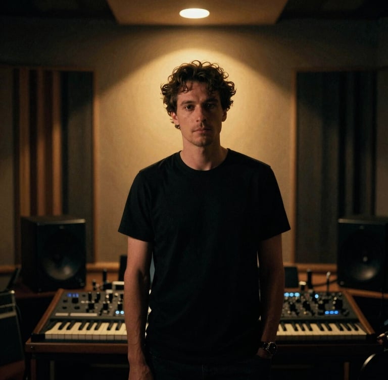 Medium environmental shot of Preston Brown in a professional recording studio, warm golden backlighting, deep shadows, 35mm film grain