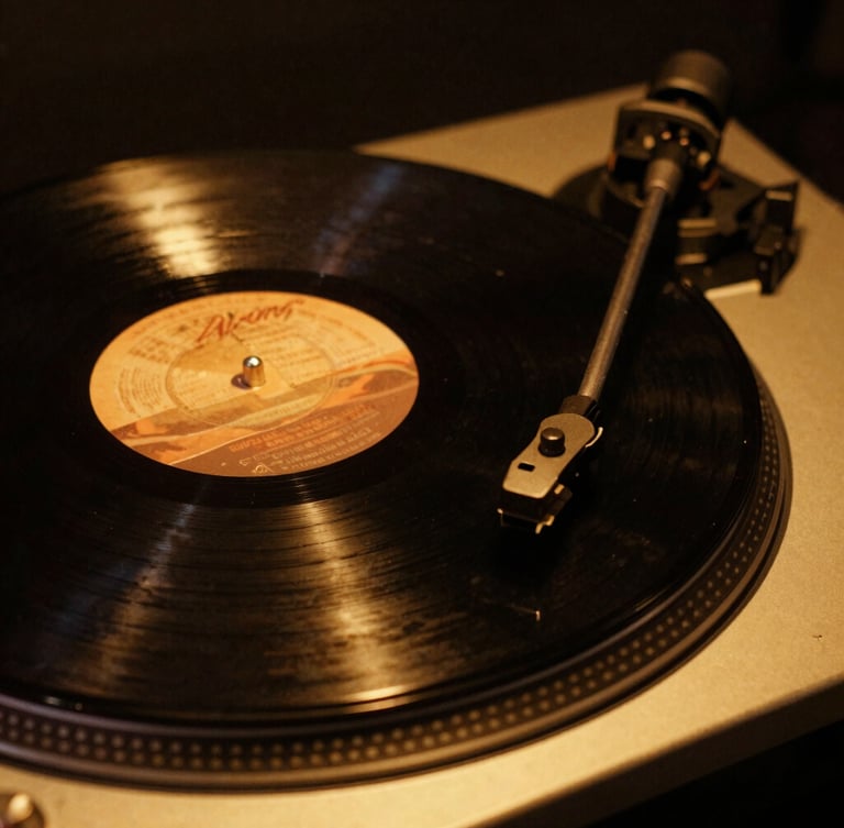 Low-key editorial close-up of a vintage vinyl record spinning on a high-end turntable, warm golden spotlighting, deep shadows, rich black and amber tones, 35mm film grain