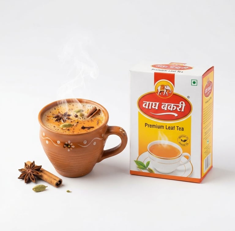 Straight-on bright studio shot of a steaming cup of Indian masala tea next to a neatly organized box of Wagh Bakri tea, clean white background, high-key lighting