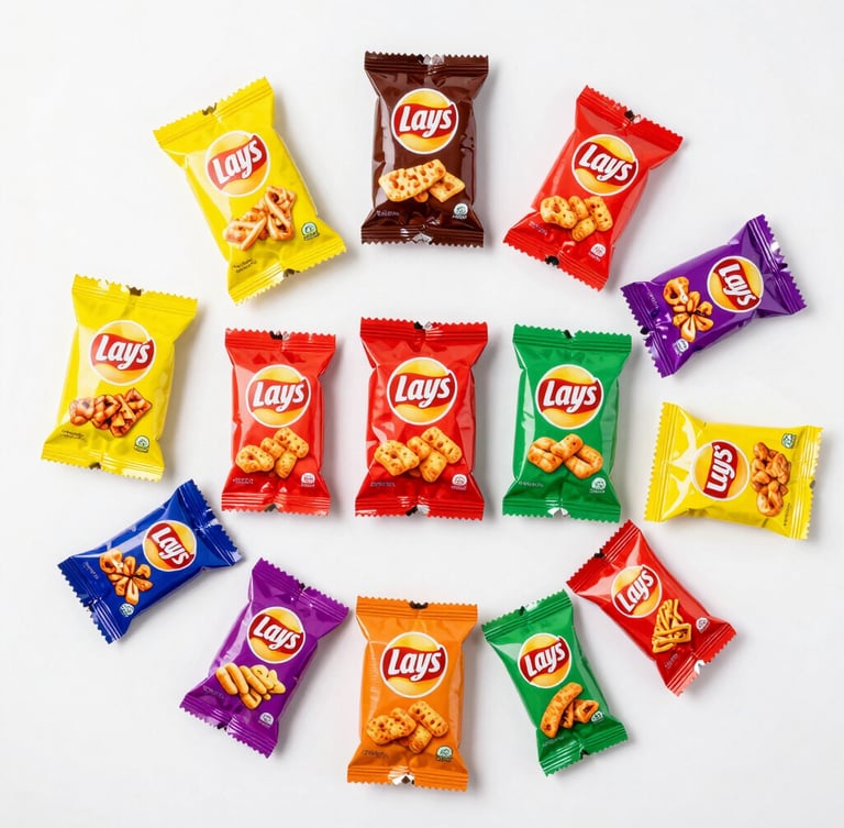 Bright overhead flat-lay of colorful Indian snack packets including Kurkure and Lay's arranged neatly on a clean white surface, vibrant colors, crisp studio lighting