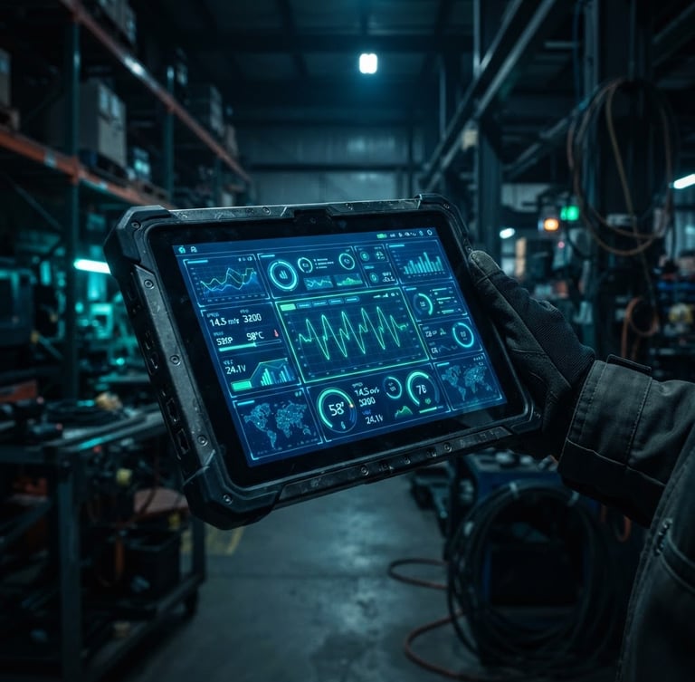 Sleek portrait mockup of a rugged Android tablet displaying real-time telemetry data in a dark warehouse environment, electric blue and neon green UI accents, sharp focus, 35mm