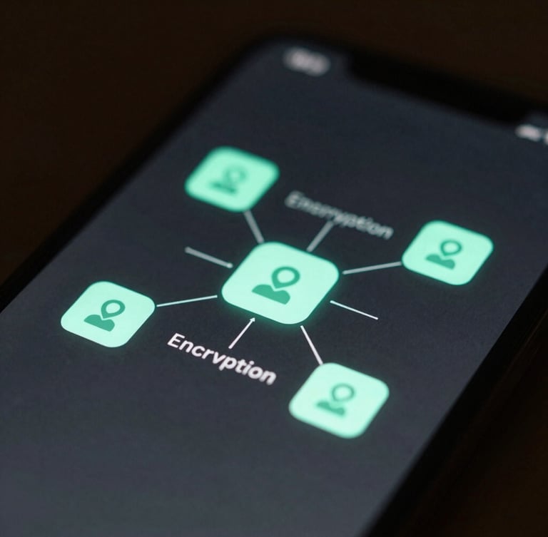 A close-up macro shot of a dark smartphone screen displaying secure, local encryption nodes glowing with a soft mint-green light, dark slate background, shallow depth of field, 35mm
