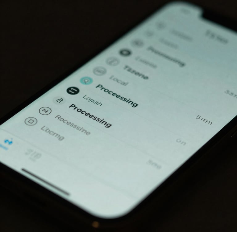 Macro shot of a modern smartphone screen displaying local processing indicators, soft ambient low-key mint lighting, muted slate and teal tones, shallow depth of field, 35mm