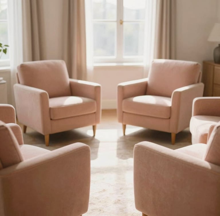 Sunlit, clean shared living room with warm morning window light, comfortable armchairs arranged in a circle, soft peach and earth tones, shallow depth of field, 35mm