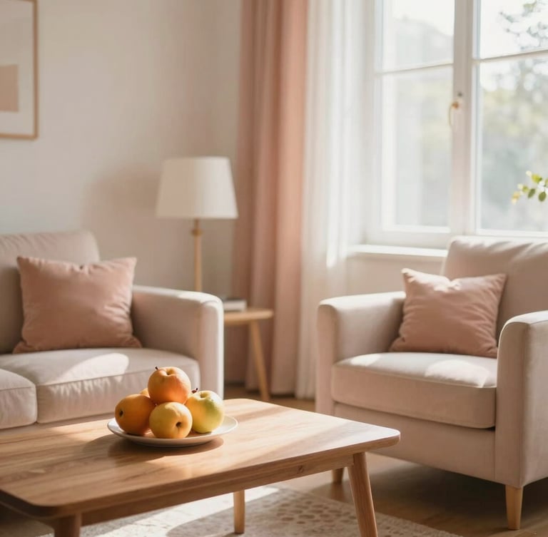 Sunlit, clean living room with warm morning window light, comfortable armchairs, a wooden coffee table with fresh fruit, soft peach and earth tones, 35mm photography