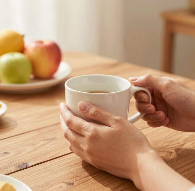 Close-up of hands holding warm ceramic mugs over a rustic wooden dining table with fresh fruit in the background, soft golden hour light