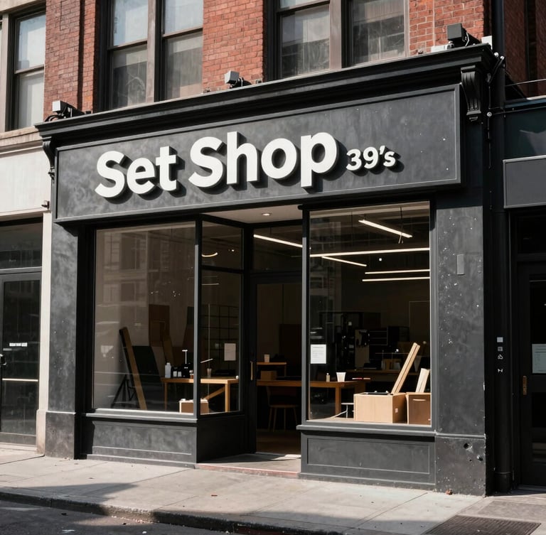 Gritty, high-contrast photograph of the exterior of Set Shop's Flatiron storefront on 22nd Street, industrial architecture, sharp shadows, realistic workshop ambient light, 35mm