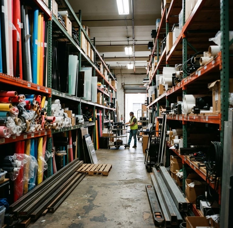 Wide shot of a Flatiron warehouse aisle, filled with industrial shelving stacked high with seamless paper rolls in various colors, diffusion gels, and large acrylic sheets, sharp high-contrast studio light, rich saturated colors, crisp depth of field, 35mm, viewed from the right side, a worker in the background.