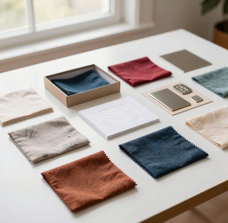 A premium minimalist gift box containing various custom printed fabric swatches, embossed paper cards, and metal finishes, laid out neatly on a clean white table, soft natural window light