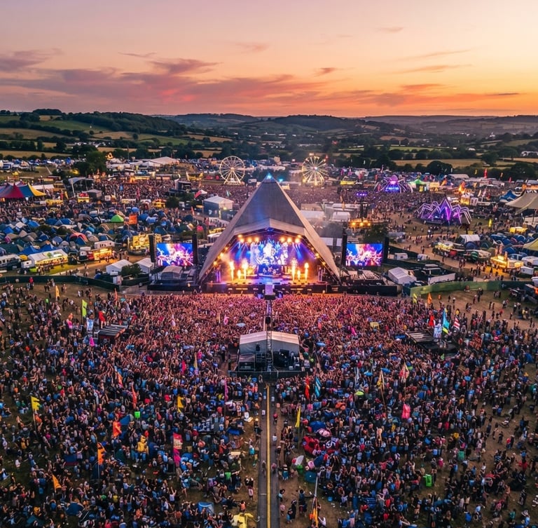 Aerial wide-angle drone shot of a massive outdoor music festival at sunset, vibrant stage lighting, expansive crowd, high-production setup, professional 35mm lens