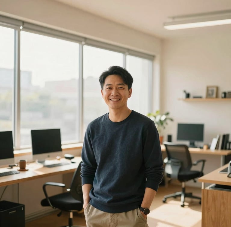 Professional portrait of a modern Asian male founder in a clean, minimalist creative studio, warm natural window light, friendly and confident expression, professional 35mm lens