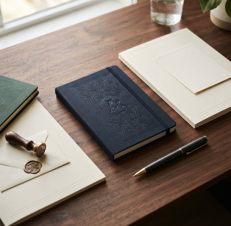 Macro photography of premium custom-branded corporate stationery and embossed notebooks on a sleek dark wood surface, warm daylight casting soft shadows, professional 35mm lens