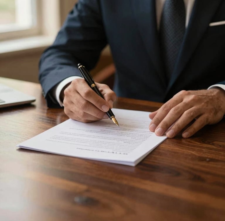 Portrait aspect, warm editorial photograph of a legal document being signed with a fountain pen on a polished dark wood desk, subtle golden light, shallow depth of field. Focus on the hands and the document.