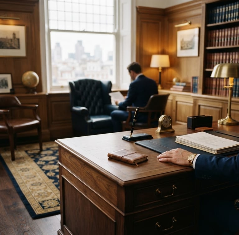 Elegant law office interior with warm wood, leather, and natural window light, a large imposing desk in the foreground, shallow depth of field, 35mm, deep navy and golden tones.