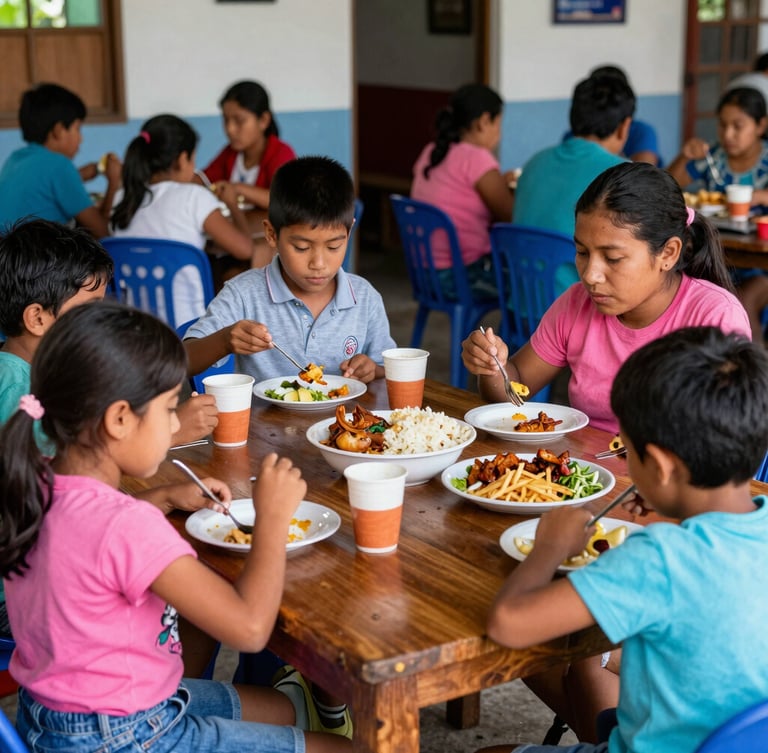 Wide shot of community leaders in a vibrant Colombian village, engaged in an assembly, warm golden-hour light, authentic expressions, 35mm film style, focus on collaboration.