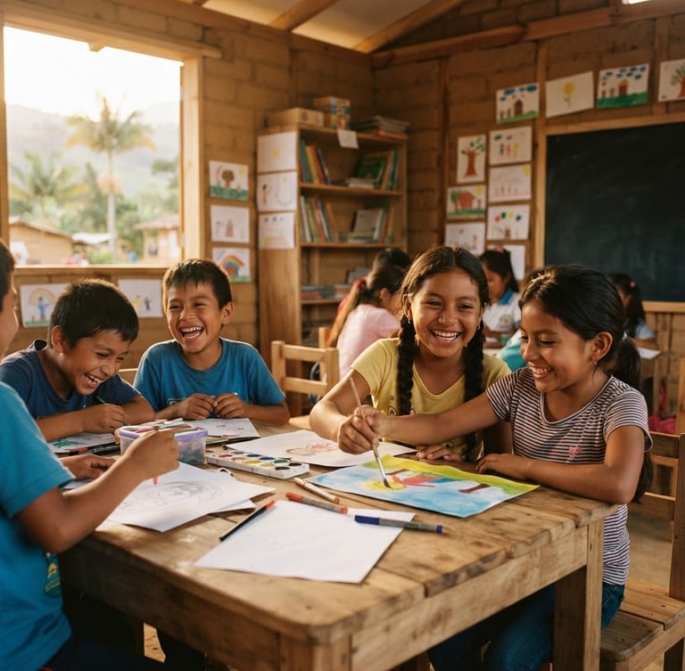 Niños colombianos sonriendo en un aula comunitaria recién construida, luz cálida de atardecer, estilo documental, enfoque en la alegría y colaboración.