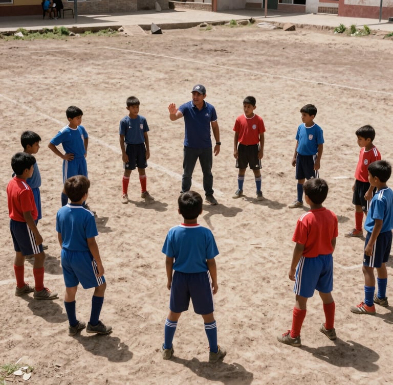 Low-angle documentary shot of a local Peruvian coach explaining a drill to children on a clay pitch, natural harsh midday sun, dusty texture, 35mm film.