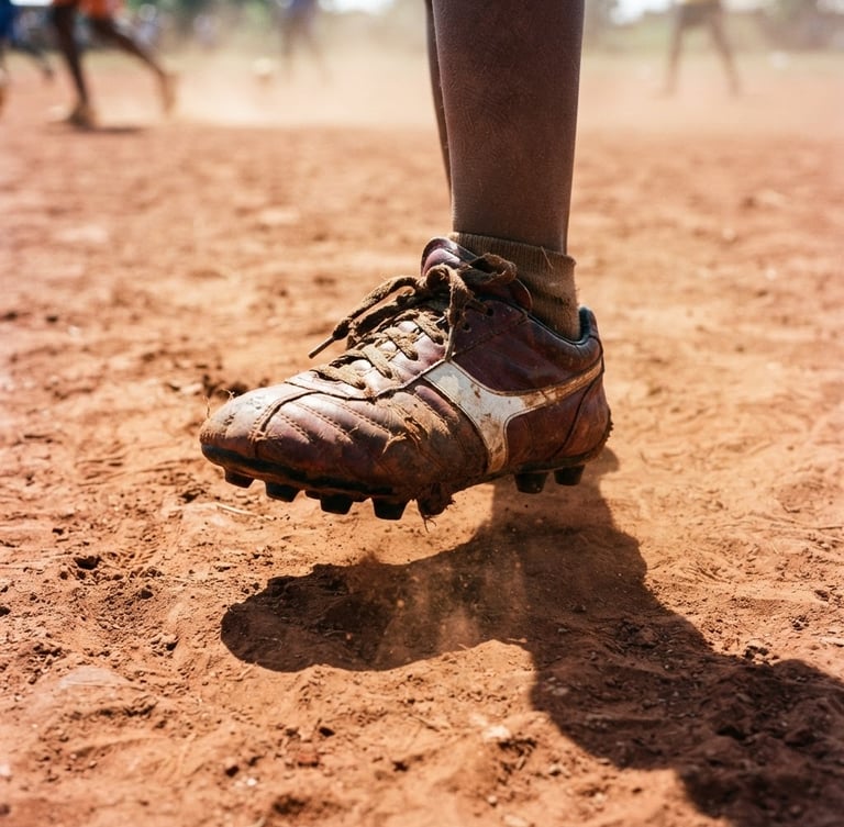 Close-up of a child's worn leather boot stepping on a dusty red clay pitch, harsh midday sun casting sharp shadows, raw 35mm documentary photography style.