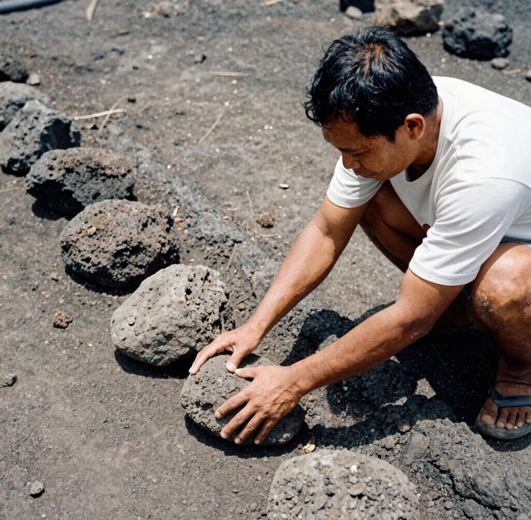A close-up portrait of a local Indonesian coach arranging heavy volcanic stones for pitch drainage, harsh midday sun, dusty earth tones, 35mm film.
