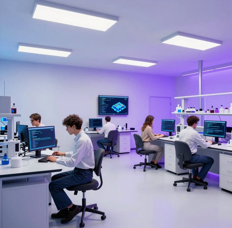 Wide shot of a modern, bright research laboratory with researchers collaborating, crisp studio lighting, blue and purple ambient backlighting, high-resolution screens displaying code, isometric 3D angle.