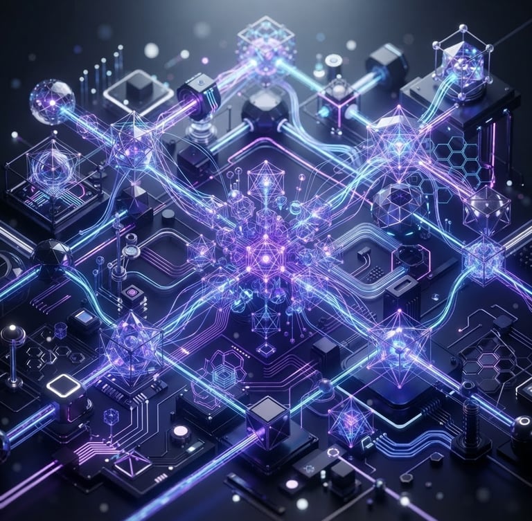 High-fidelity abstract 3D render of interconnected quantum structures, glowing blue and purple, isometric angle, crisp studio lighting, cool white and electric violet tones, sharp focus
