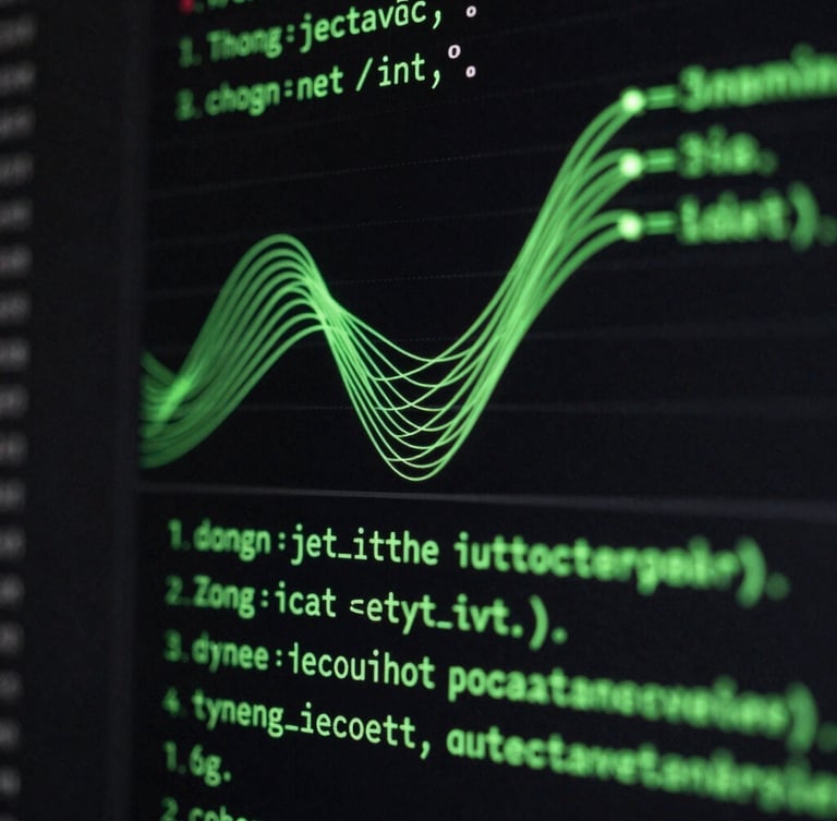 Tight macro crop of a dark-mode IDE interface, glowing neon green syntax highlighting against a deep black background, abstract vector data flow lines.