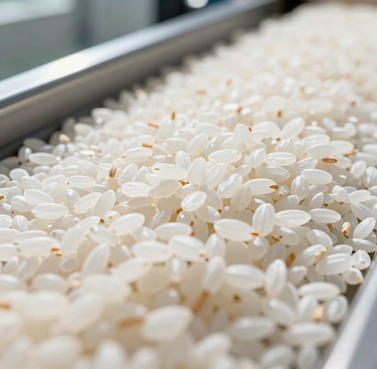 Close-up macro shot of white rice grains being sorted on a conveyor belt in a modern, clean facility, bright natural daylight, high clarity, 35mm