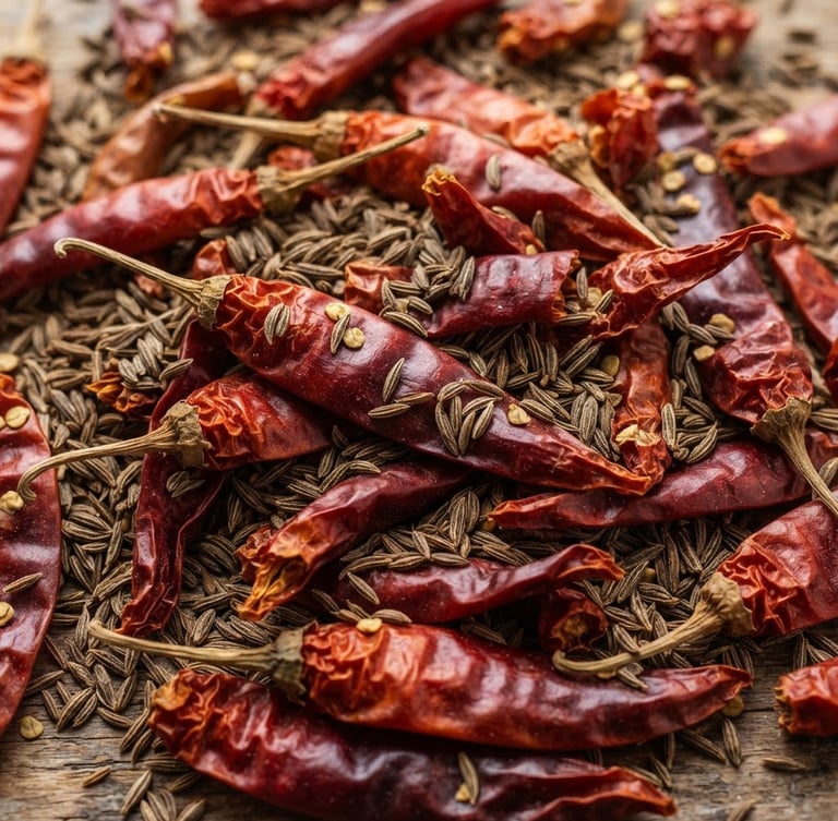 Vibrant, high-detail macro shot of dried red chili peppers and whole cumin seeds, crisp editorial photography, bright natural daylight, rich organic tones, 35mm