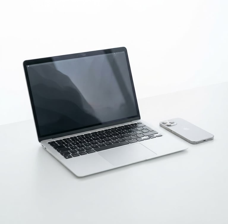 Sleek modern silver laptop and minimalist smartphone on a pristine white desk, bright high-key studio lighting, soft shadows, sharp focus, tech-retail aesthetic