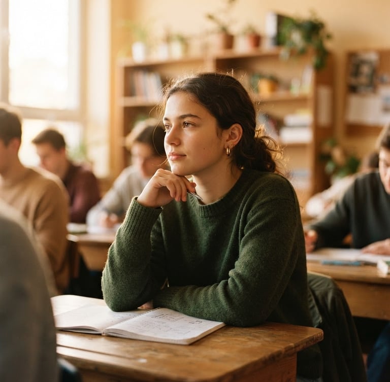 A candid medium portrait of a young student in a warm, sunlit classroom, looking thoughtfully toward the left, natural golden-hour light, rich organic tones, shallow depth of field.