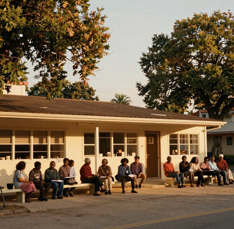 Warm golden-hour archival photo of a local community center built in the 1980s, soft sunlight filtering through trees, candid