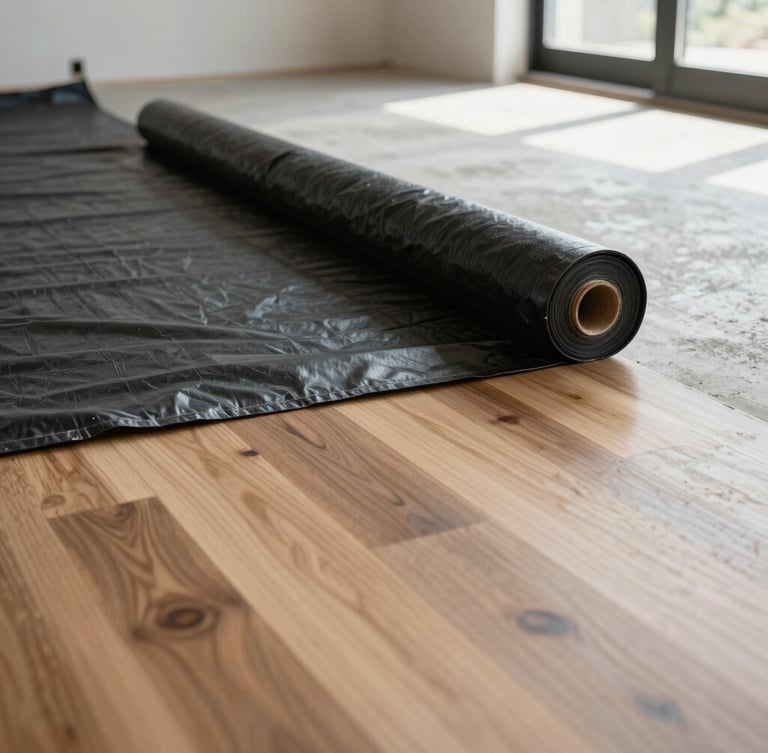 Low-angle floor-level shot of a clean, leveled concrete subfloor with a black moisture barrier being rolled out, natural light, sharp detail