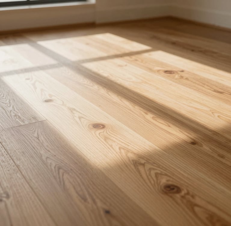 Low-angle floor-level shot of wide white oak planks catching warm Southern California window light, showing rich natural grain texture, 35mm lens.